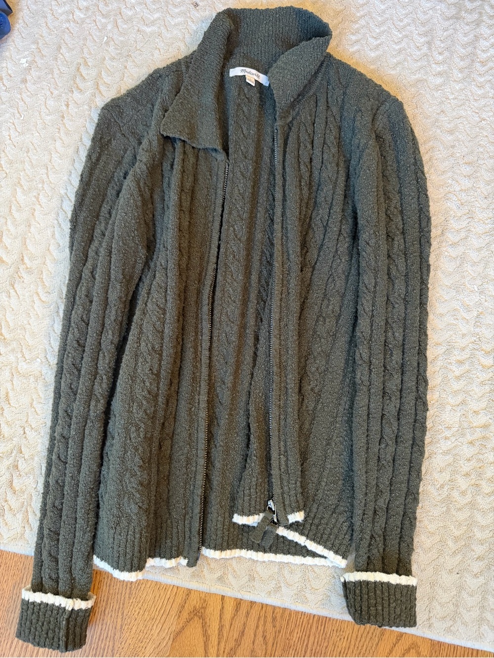 Madewell Olive Green Cable-Knit Zip Cardigan with Cream Trim